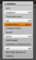 screenshot of the general menu highlighting the stim levels