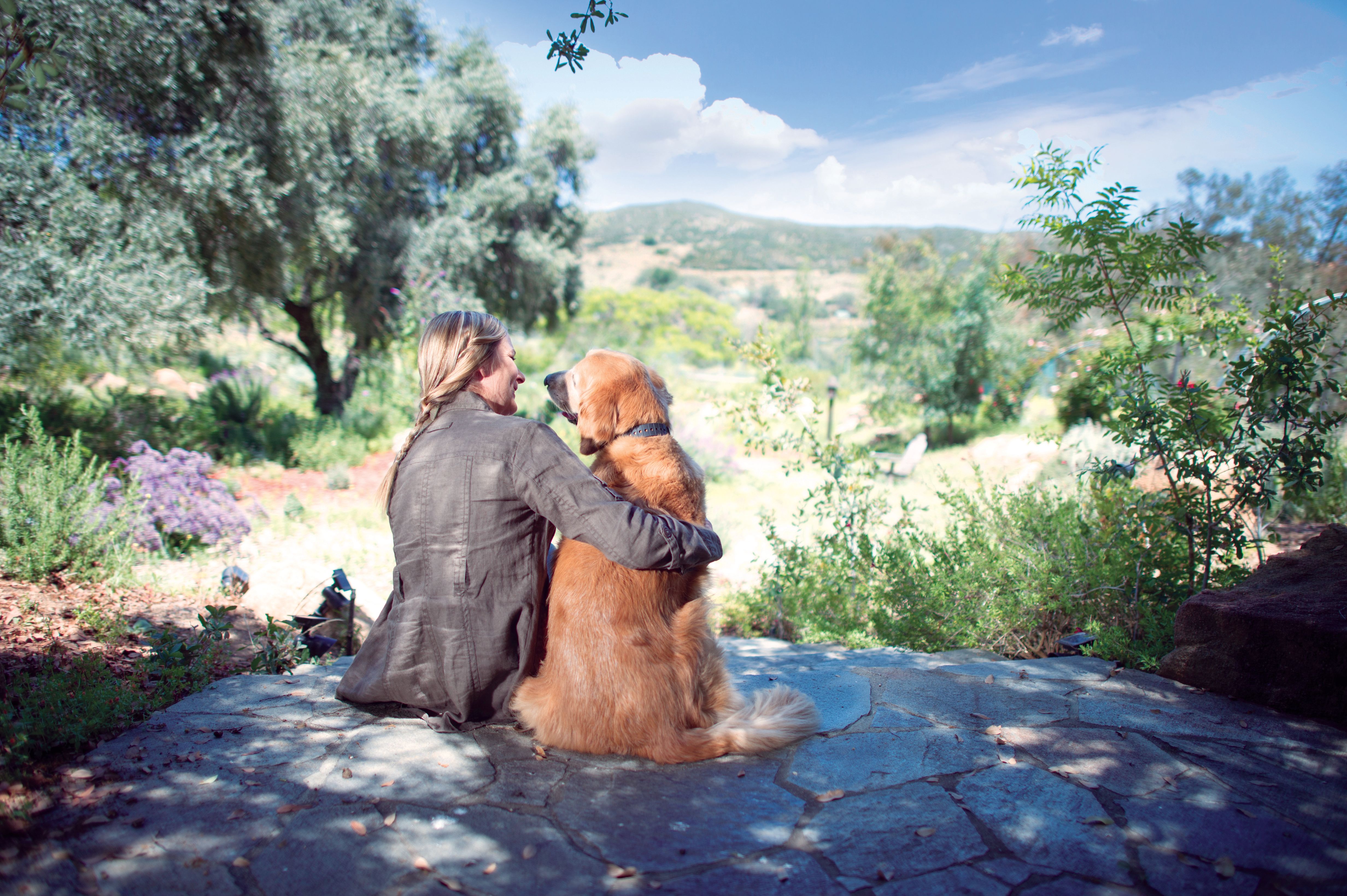 woman sits looking out over farm land with golden retriever wearing invisible fence gps dog collar
