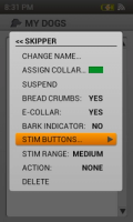 screenshot of the menu highlighting the stim buttons