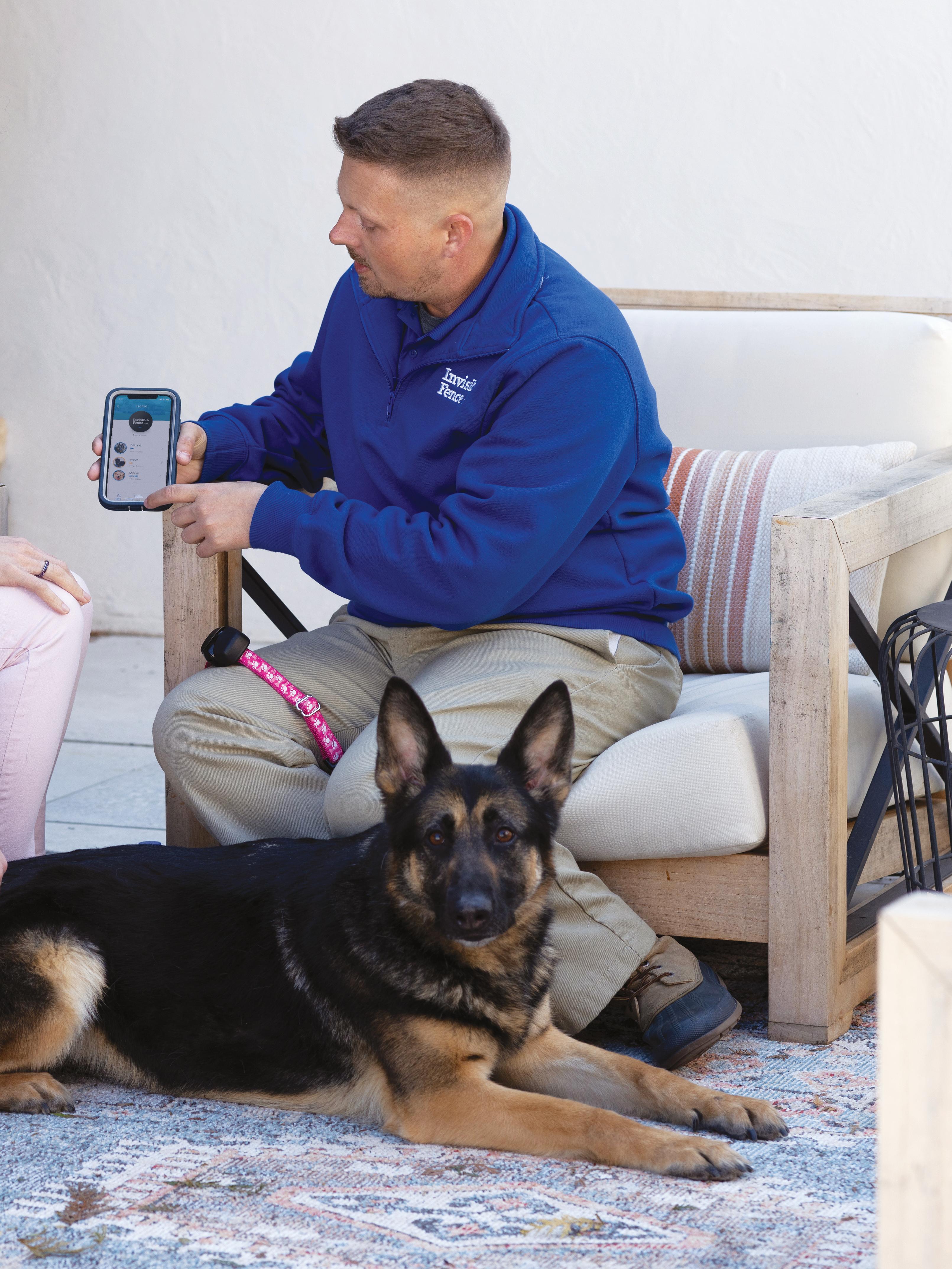 german shepard sits with invisible fence trainer while he programs the invisible fence collar