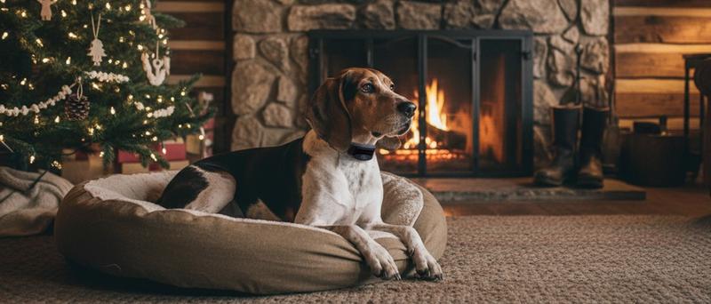 Coonhound wearing a SportDOG e-collar laying in front of a Christmas tree