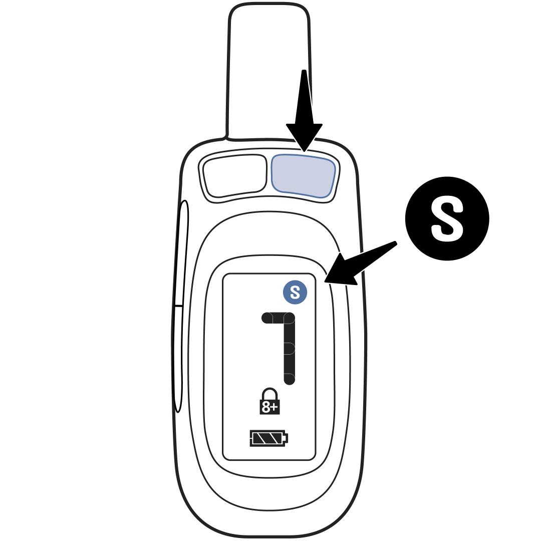 Hold upper right button, display shows S
