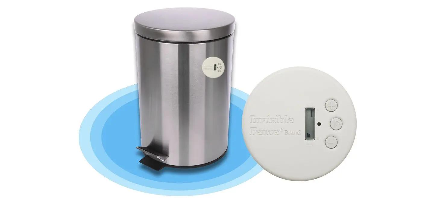 Small MicroShield indoor dog fence on trash can