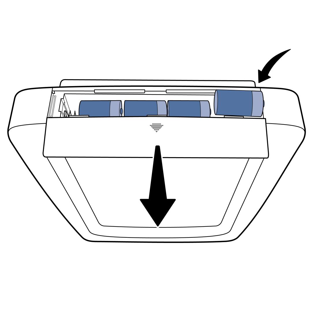 Remove the battery door by pressing it down and sliding it in the direction of the arrow