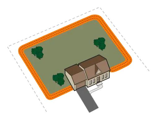 Diagram of house overhead with double loop surrounding back yard while permitting dog to enter or exit through back door