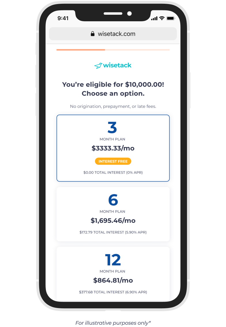 Wisetack offer financing screen display 3, 6 and 12 month payment options