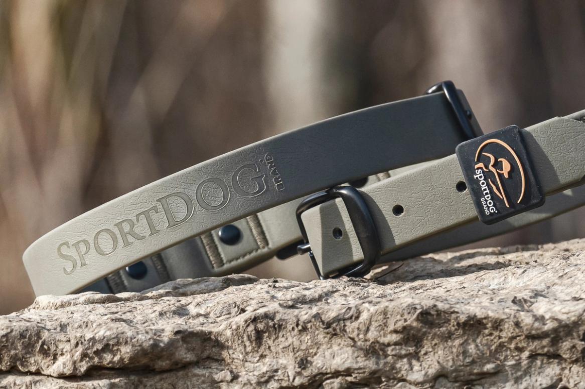 Close up of the SportDOG logo embossed on the rugged utility collars
