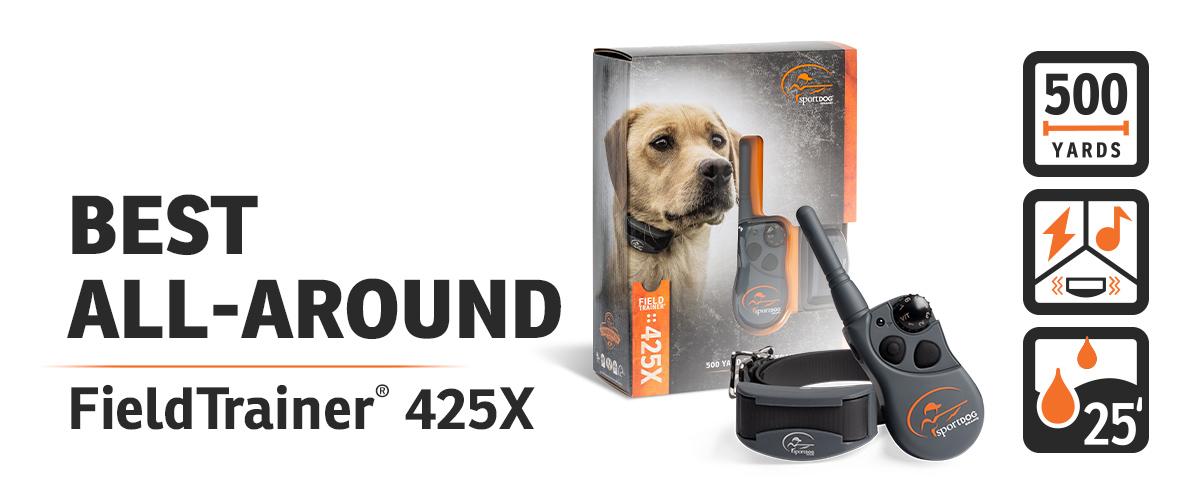 Best all-around e-collar - FieldTrainer 425X with waterproof, stim type and range icons.