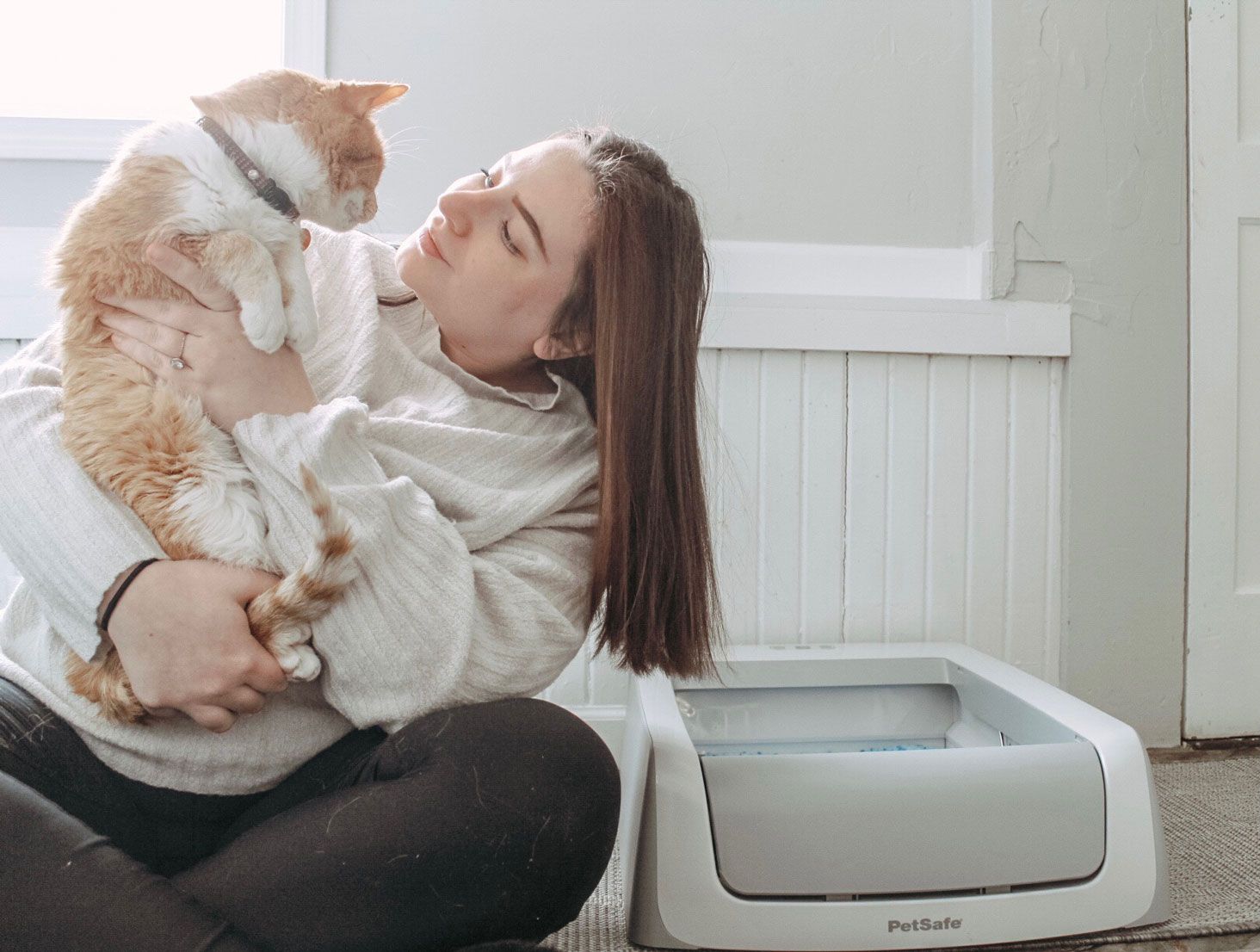 cat and human and litter box