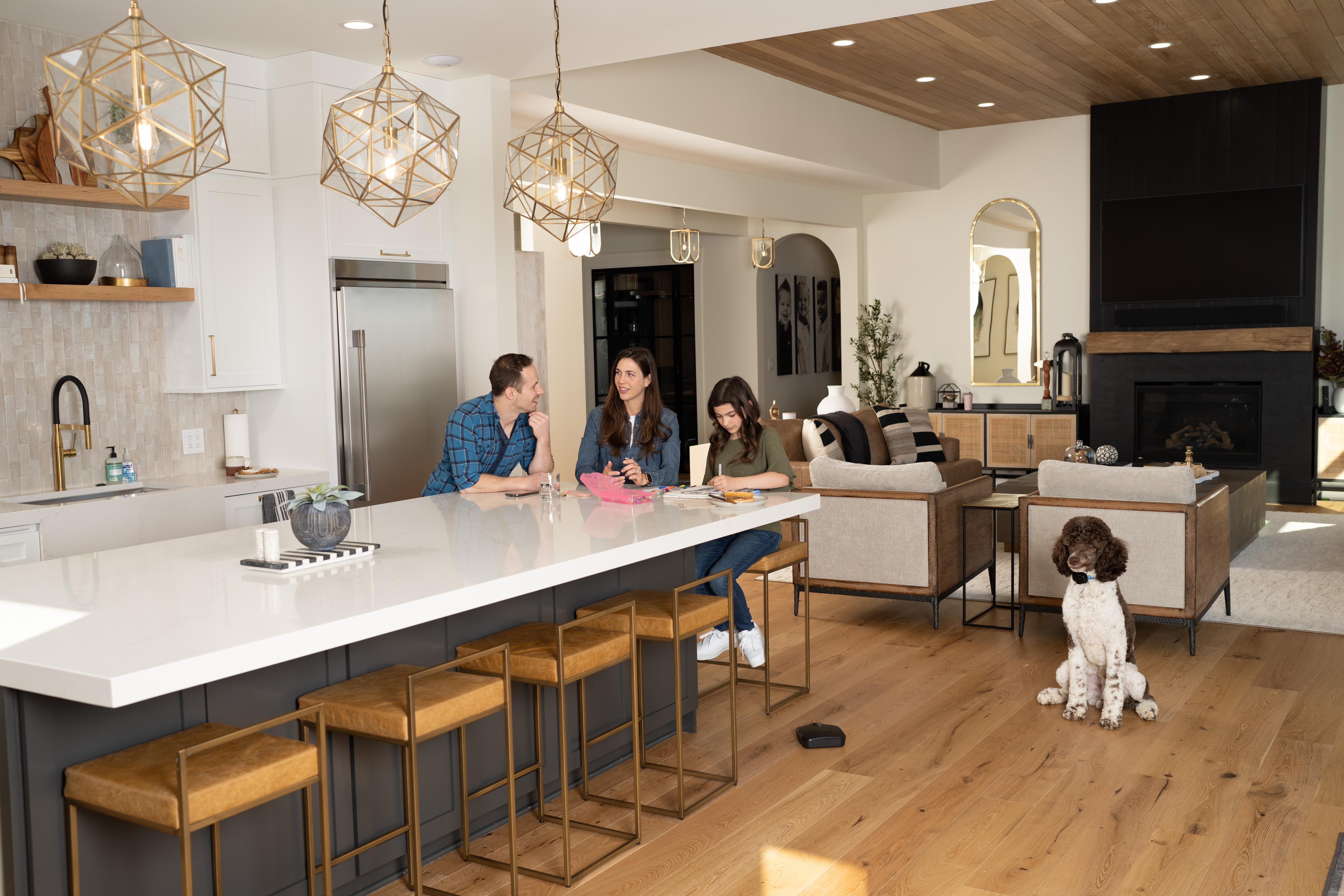 clean kitchen with dog resting calmly away from trash with invisible fence shields