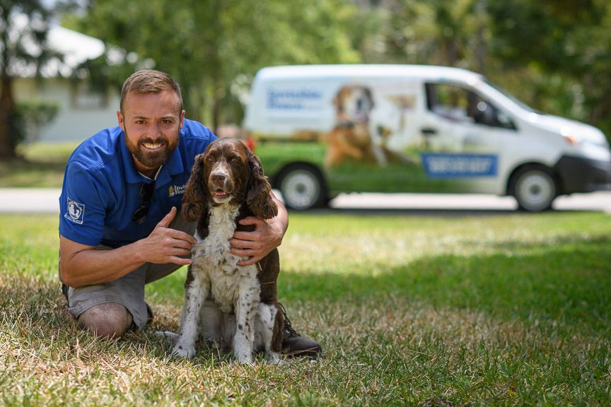Invisible Fence trainer posing with a spaniel contained in a yard with an invisible fence