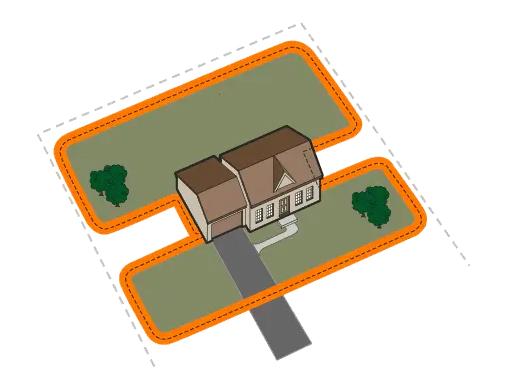 Diagram of house overhead with loop surrounding front & back yards separately