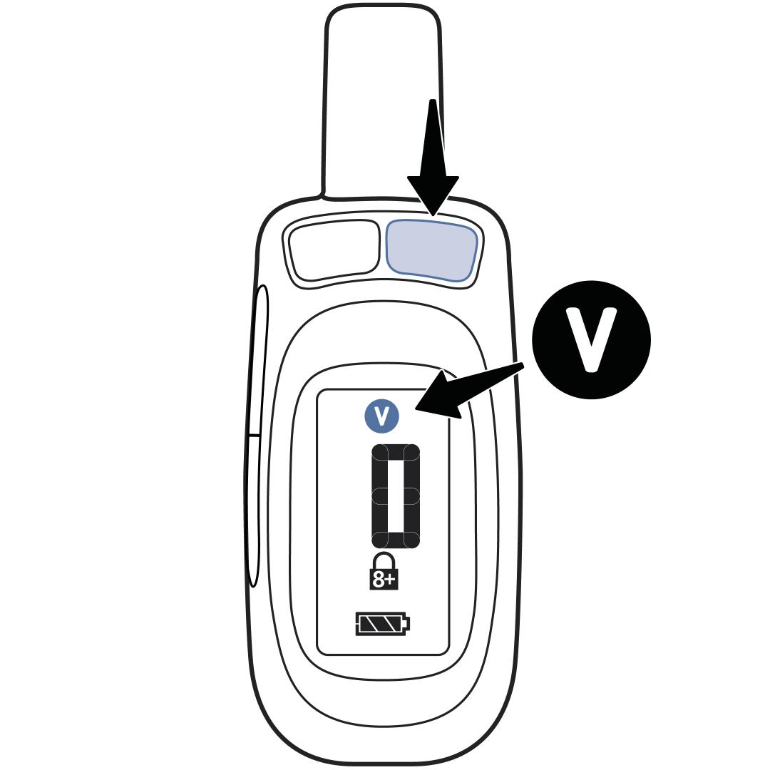 Hold upper right button, display shows V