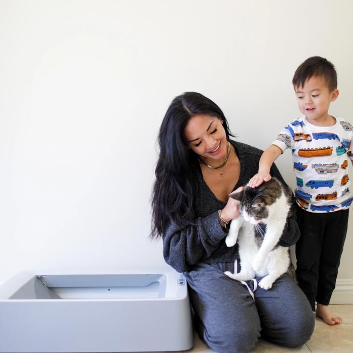 family and cat and automatic litter box