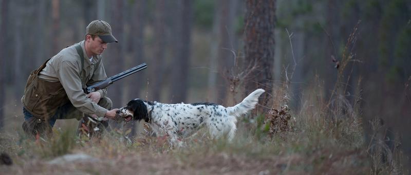 Chasseur et chien de chasse dans les bois