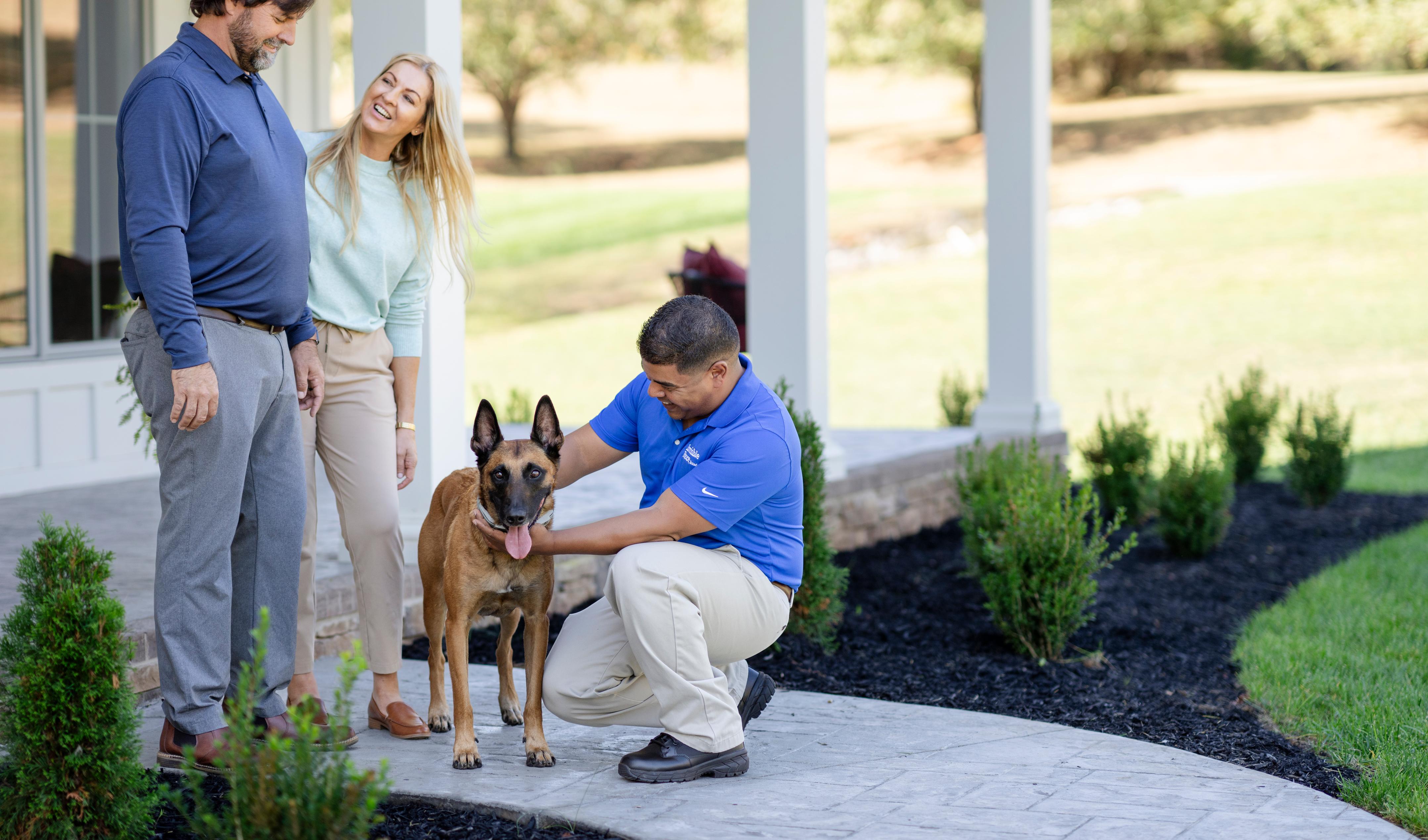 shepherd stands with invisible fence trainer and owners while being fitted for a invisible fence gps dog collar