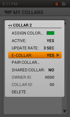 screenshot showing my collar settings, choosing yes for e-collar