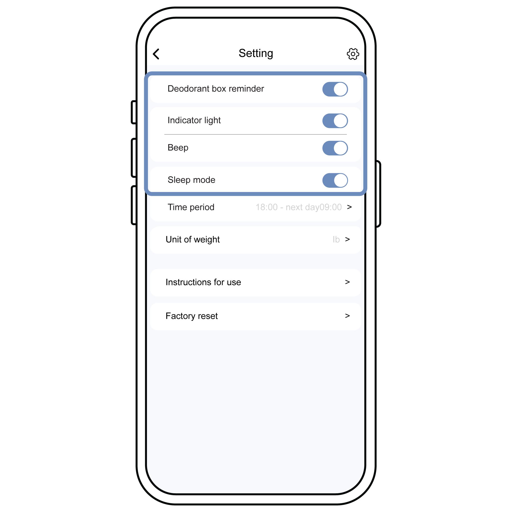 Setting Screen With Options Highlighted