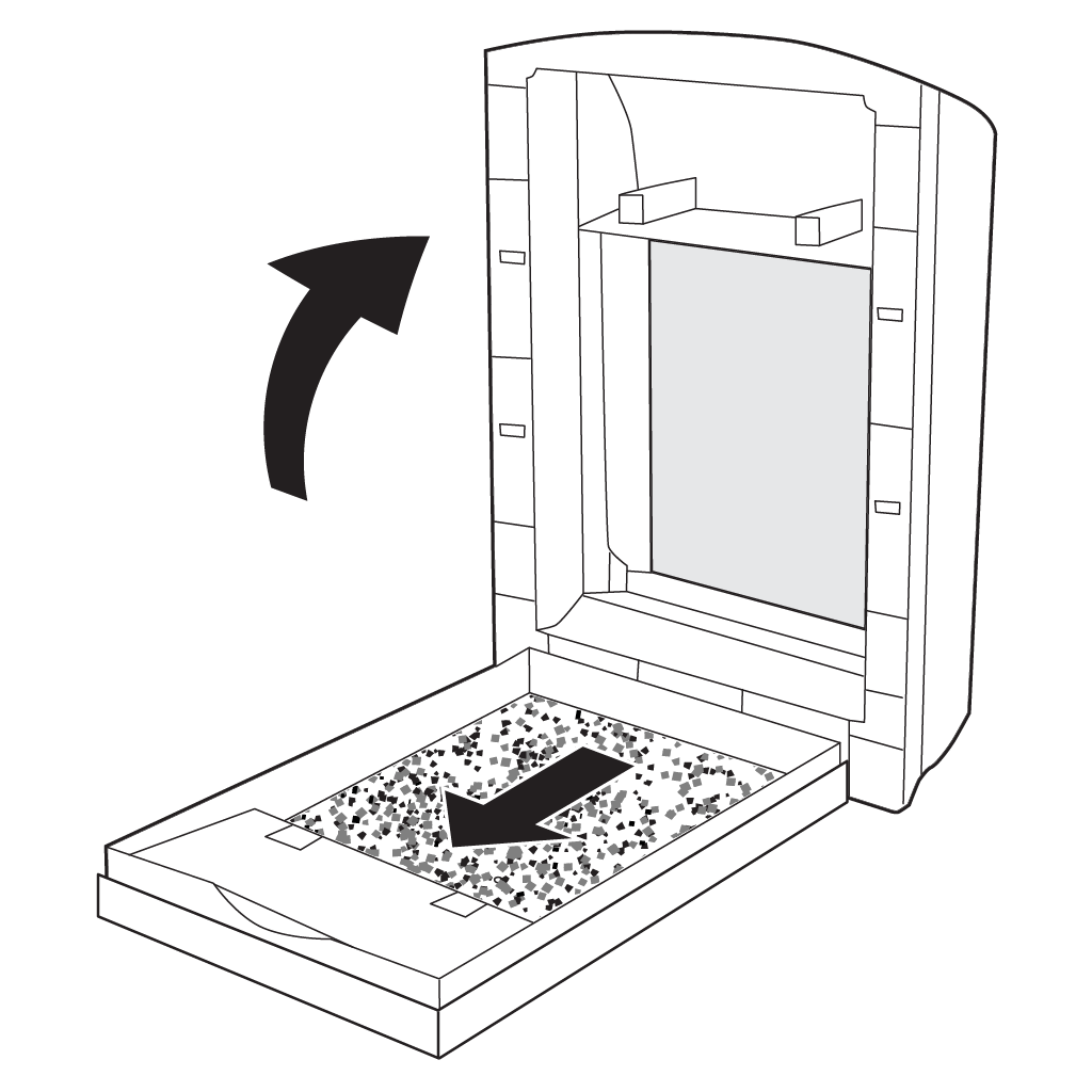 Lift box from the front to an upright position then pull out the old tray