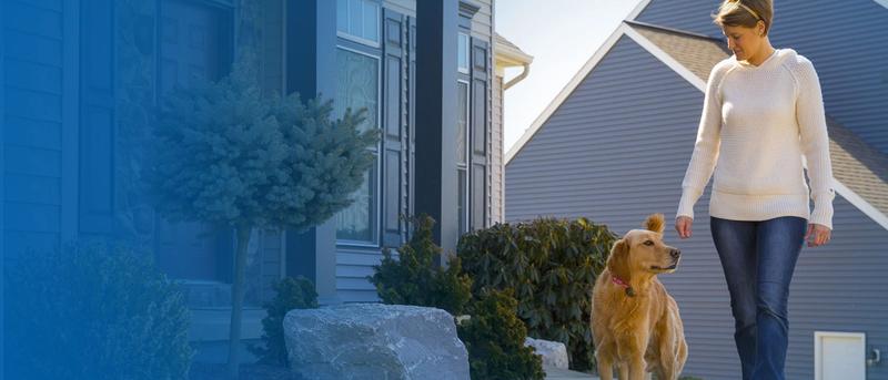 Lady with dog walking outside of house.