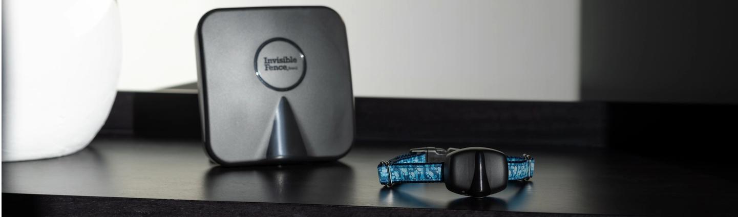 A black and blue Invisible Fence collar resting on a wooden table surface.