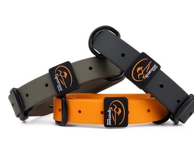 a gps tracking system for a dog with a bright green strap