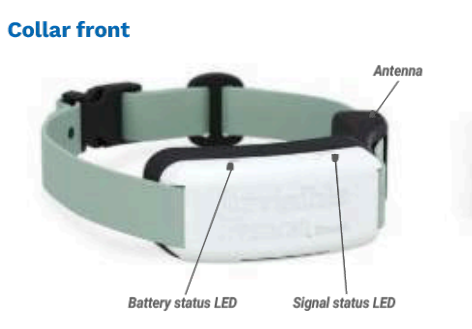 Invisible Fence Brand GPS Flex Fence collar with indicators for location of Battery Status LED on left, Signal Status LED on right, and Antenna on top right of collar.