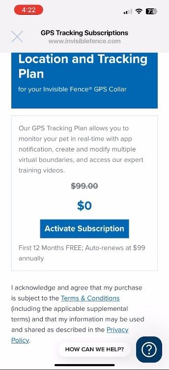 Screenshot of Location and Tracking Plan subscription activation screen