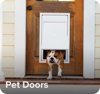 "Pet Doors" with image of dog exiting house through dog door