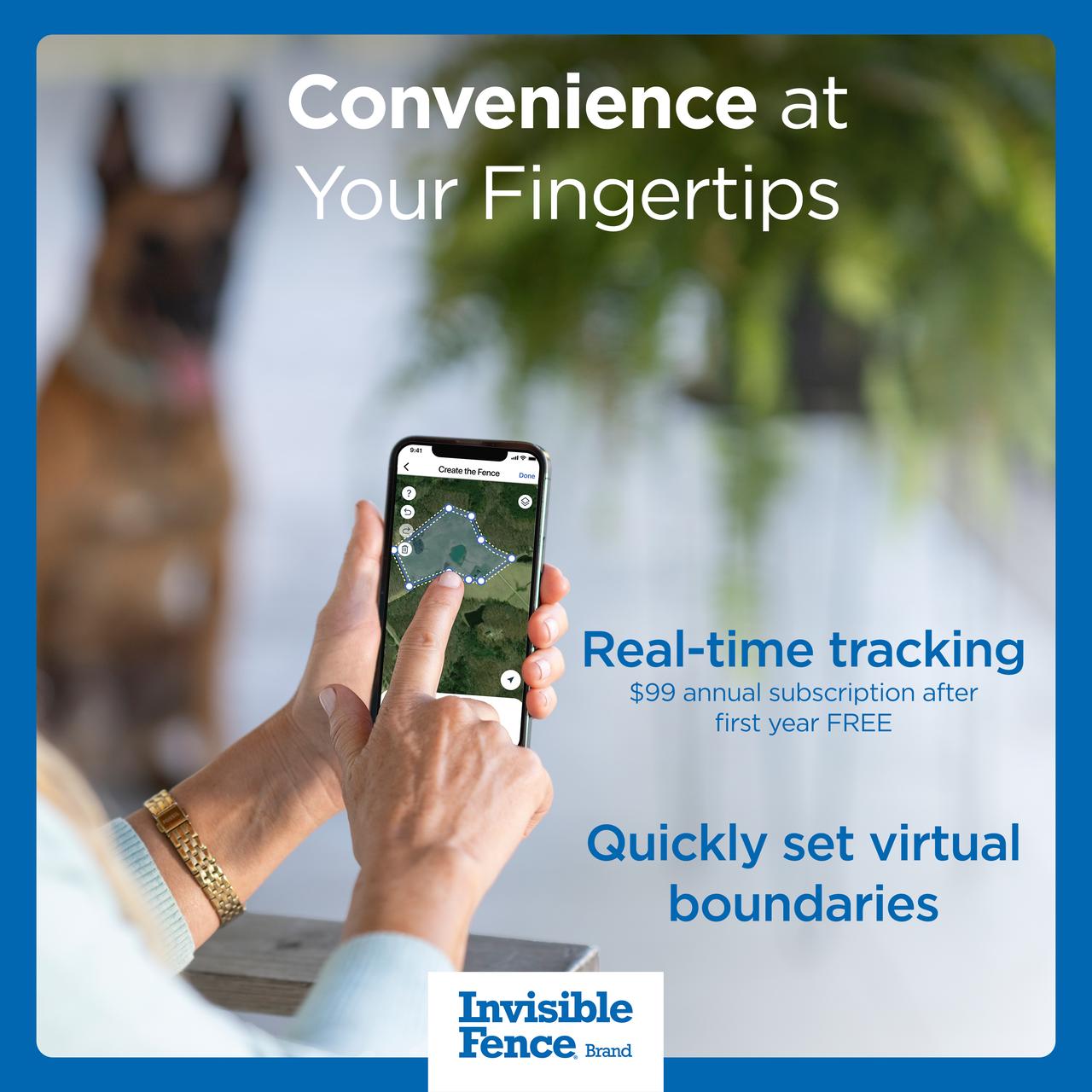 Image of a hand with a smartphone using GPS Collar fence builder tool, highlighting convenience, real-time tracking, and virtual boundaries.