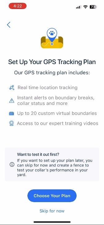Screenshot of Set Up Your GPS Tracking Plan app screen