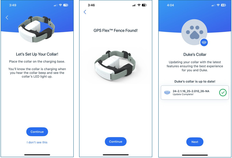 Screenshot of App Screen progression for gps collar setup