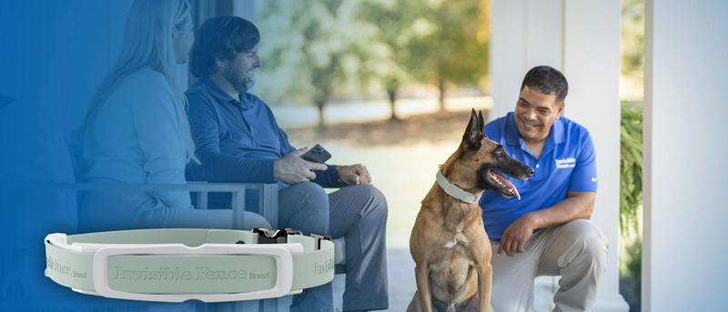 Invisible Fence Brand trainer interacting with dog and family outside.