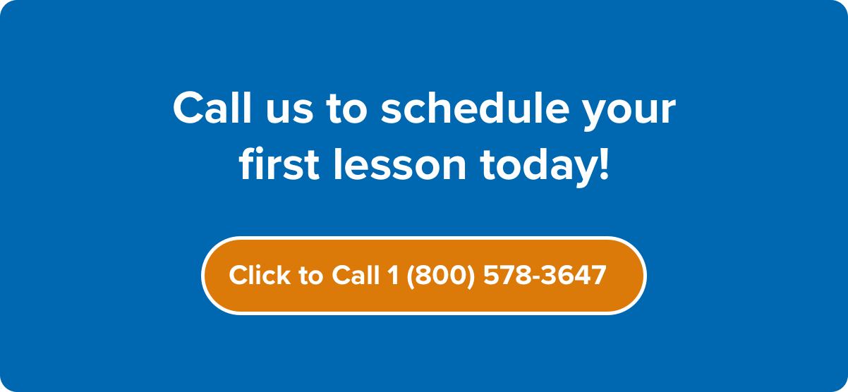 Card with text: call us to schedule your first lesson today! Click to call 18005783647