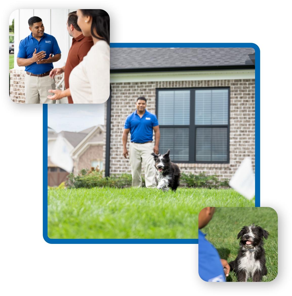 An Invisible Fence Brand trainer engaging with dog outside