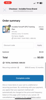 Screenshot of order summary screen 