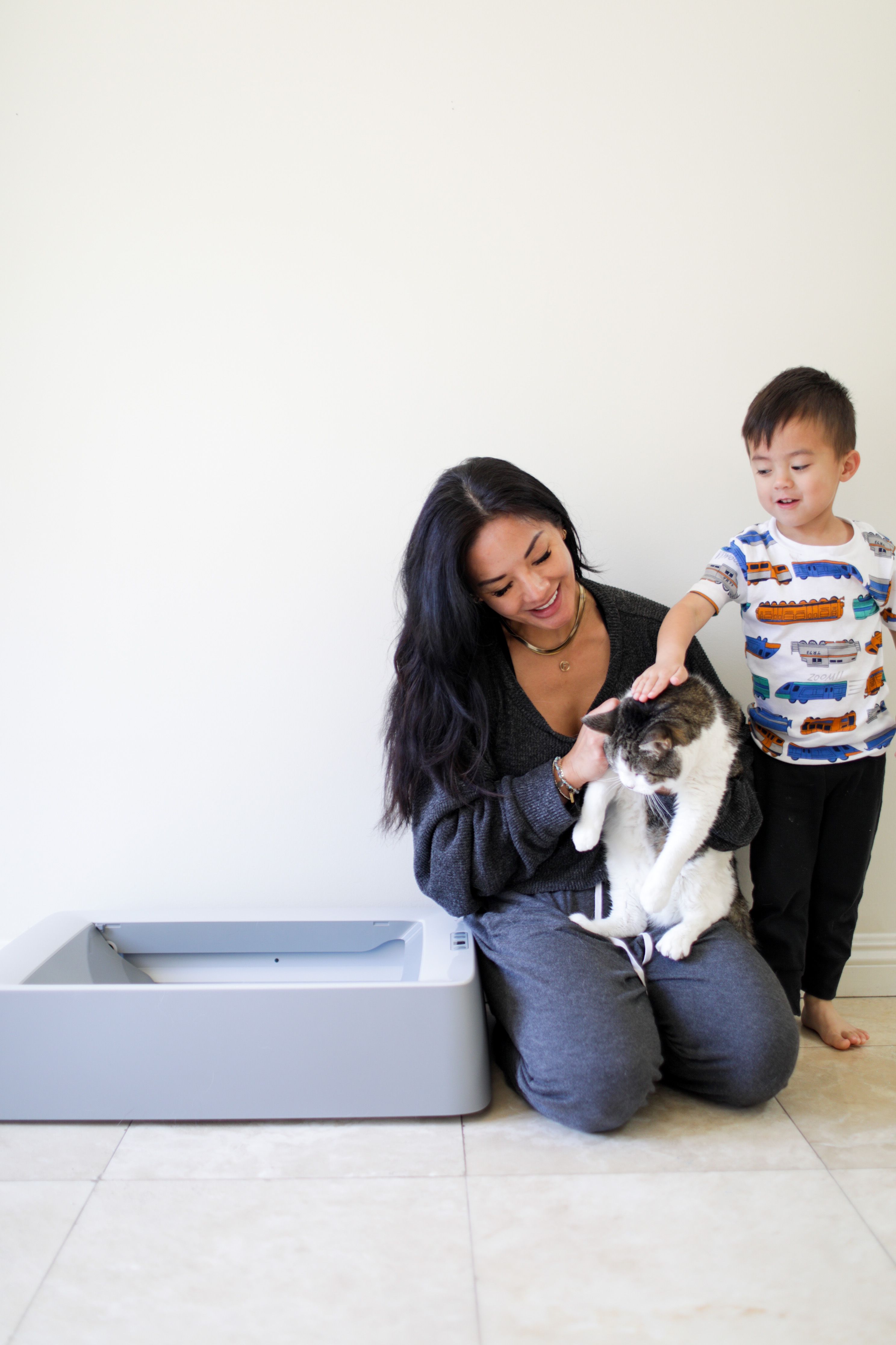 family and cat and automatic litter box
