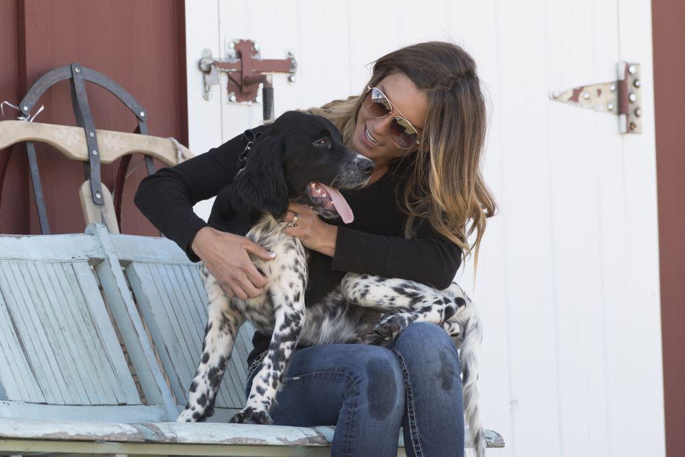 english setter puppy sitting in woman's lap on bench in front of house