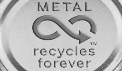 Logo with the text "METAL recycles forever." Above the text is an infinity symbol with an arrow incorporated into it, representing the continuous recycling process of metal. The design is simple and emphasizes the sustainability of metal as a material that can be recycled indefinitely without losing its properties. The logo reinforces the message of environmental responsibility and the endless recyclability of metal products.
