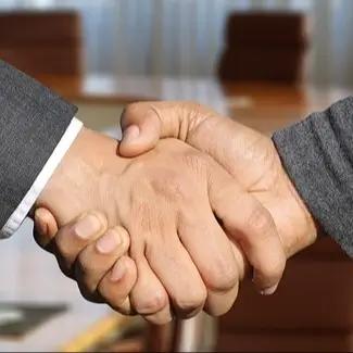 Close-up of two hands engaged in a firm handshake, symbolizing an agreement or partnership. Both individuals are wearing business suits, in a formal and professional setting. The background is blurred, focusing attention on the handshake.