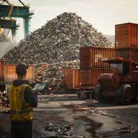 Large scrapyard with a massive pile of metal scrap towering in the background. In the foreground, a worker wearing a yellow safety vest is holding a tablet, overseeing the operations. Several shipping containers are stacked nearby, and heavy machinery, including a red vehicle, is moving materials. The scene captures the industrial process of collecting, sorting, and preparing metal scrap for recycling or shipment.