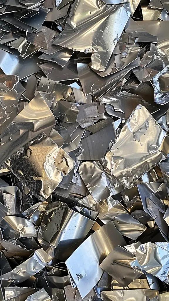 Pile of sharp, reflective metal scraps, consisting of cut or torn pieces of sheet metal. The pieces vary in size and shape, with many edges crumpled or folded, creating a jagged and uneven texture. The metal has a shiny, silver appearance, with light reflecting off the surfaces, giving the pile a bright, almost glittering effect.