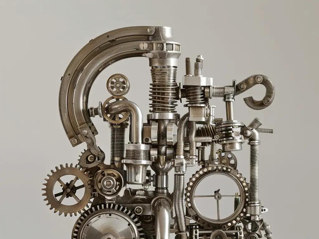Assembly of nickel metal gears, springs, pipes, and various mechanical components intricately arranged into a sculptural form. The parts are polished, with a shiny silver finish, and are meticulously interconnected, creating a steampunk-like aesthetic. The design features visible cogs, valves, and curved metal pieces, suggesting a blend of art and engineering.