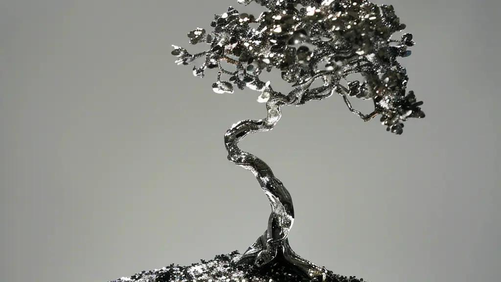 Small, artistic sculpture of a tree made entirely out of nickel wire. The tree has a twisted trunk that curves elegantly upwards, supporting a canopy of wire branches with small, shiny leaves. The base of the tree is also made of wire, resembling roots that spread out over a textured surface. The metallic material catches the light, creating a shimmering effect. The background is plain and neutral, drawing focus to the intricate details and craftsmanship of the wire tree sculpture.