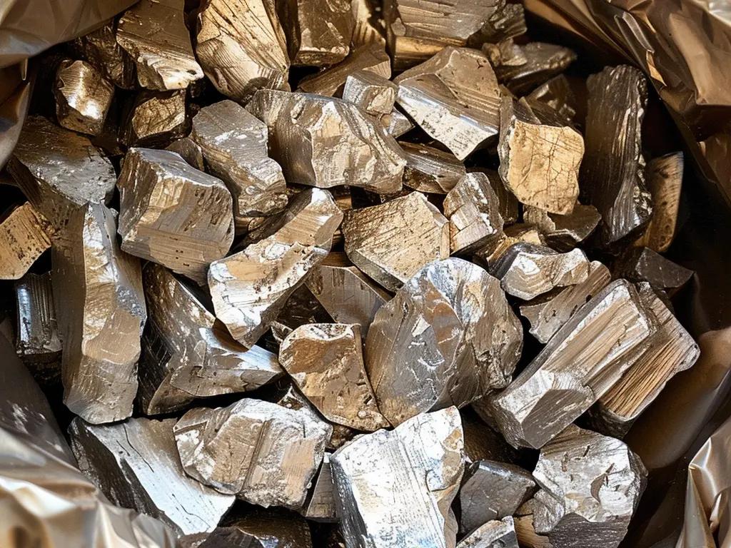 Collection of shiny, metallic rock-like pieces of nickel. The pieces are irregularly shaped with jagged edges and a highly reflective surface, giving them a silvery or chrome-like appearance. The rocks are piled together in a container, and their surfaces catch the light, emphasizing their lustrous, polished texture.