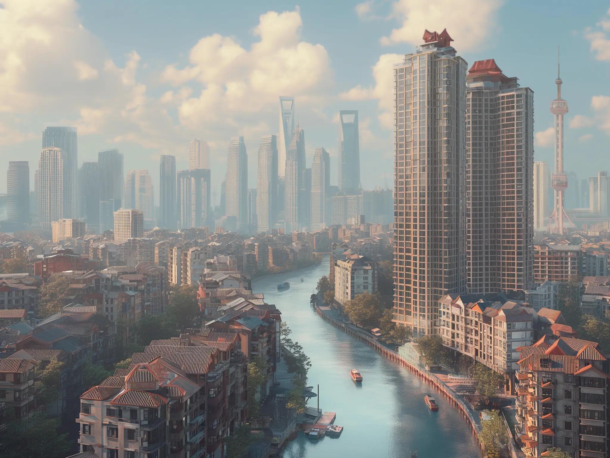 Modern cityscape in China, with a mix of tall skyscrapers and traditional buildings lining a winding river. The skyscrapers, including iconic towers, rise in the background under a partly cloudy sky. The river, central to the scene, is flanked by high-rise apartments and older, more traditional structures, with small boats navigating the water.
