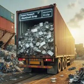 Back of a large shipping container on a truck, filled to the brim with crushed aluminum scrap. The container is open, revealing a chaotic pile of compressed metal cans and other aluminum waste. A label on the container's door reads "Product Passport: Aluminum Scrap." The truck is parked in a scrapyard, with more piles of metal and shipping containers visible around it.
