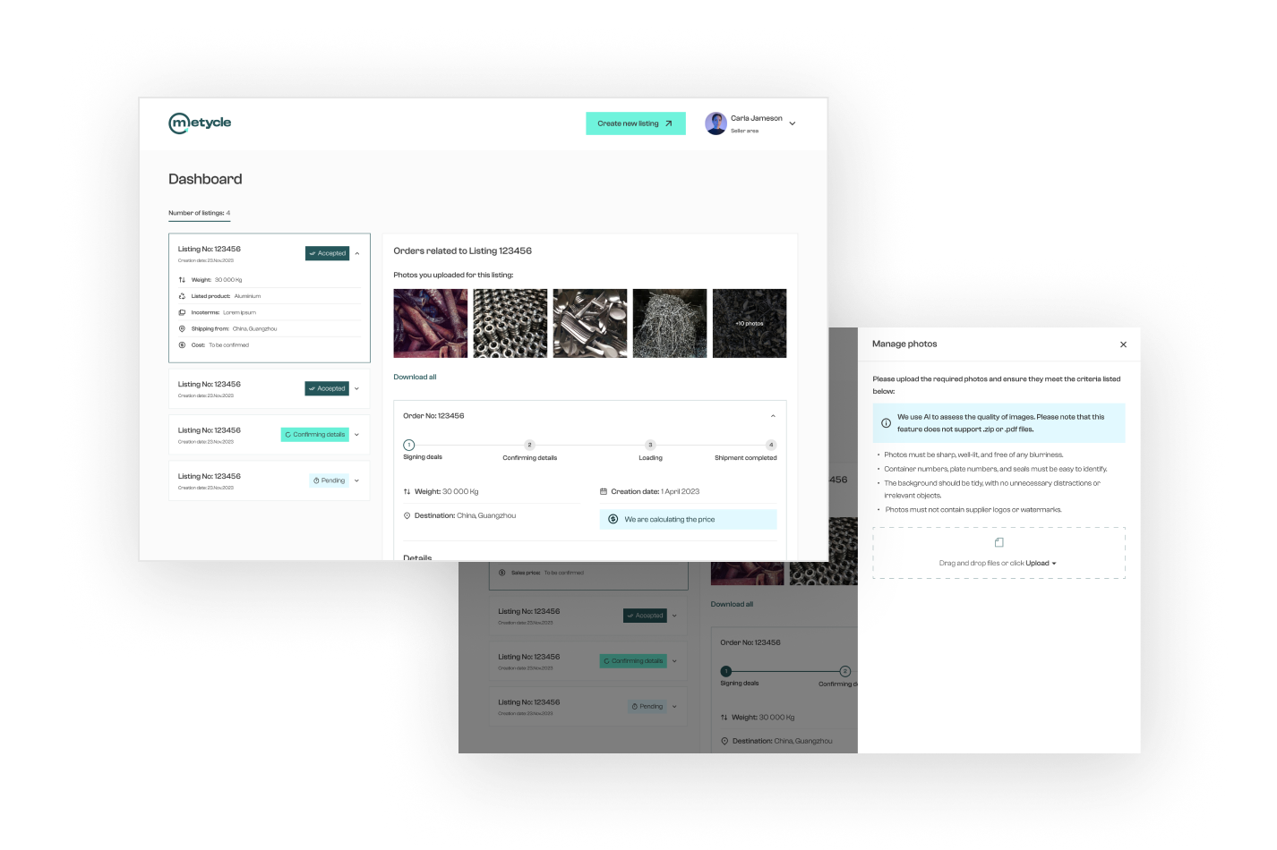 Two images showcasing a demonstration of the seller dashboard in METYCLE, one containing a list of listings with their respective orders and statuses, and another containing a drawer for document and image uploading