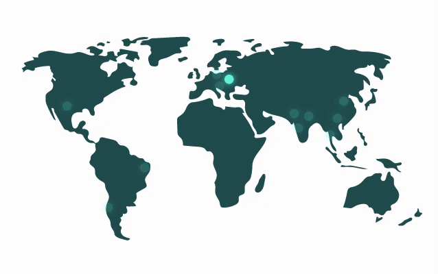 Map of the world, coloured in dark green, with light green blinking spots indicating the countries where METYCLE has offices and operations.