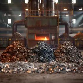 Industrial setting inside a metal recycling plant. In the foreground, there are piles of sorted metal scraps in various colors—copper, steel, and aluminum—ready for processing. Behind the piles, a large furnace glows with an orange light, indicating it is in operation. The background features heavy machinery and large pipes.